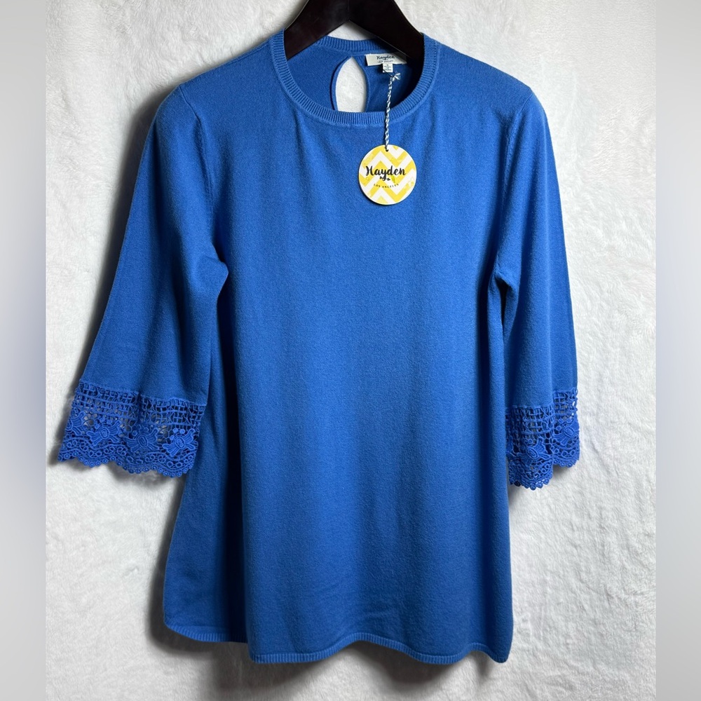 Hayden Cobalt Blue Viscose Blend Crochet Bell Sleeve Tunic